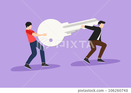 Cartoon flat style drawing teamwork, coworking, cooperation, partnership, business concept. Team of businessmen partners coworkers managers holding big key together. Graphic design vector illustration 106260748