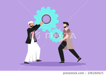 Graphic flat design drawing team of business people hold up technology gear collaboration solution. Group of Arab businessmen lifting two cogs wheel working together. Cartoon style vector illustration Graphic flat design drawing team of business people hold up technology gear collaboration solution. Group of Arab businessmen lifting two cogs wheel working together. Cartoon style vector illustration 106260825