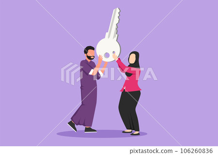 Cartoon flat style drawing businessman, businesswoman lift up big key, symbol of success. Arabian male and female hold together key. Partnership can lead to success. Graphic design vector illustration Cartoon flat style drawing businessman, businesswoman lift up big key, symbol of success. Arabian male and female hold together key. Partnership can lead to success. Graphic design vector illustration 106260836