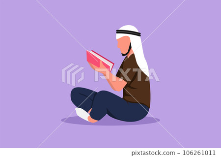 Cartoon flat style draw side view of smart teenage man in traditional cloth sitting on floor, reading literature book. Enthusiastic reader for educational and hobby. Graphic design vector illustration 106261011