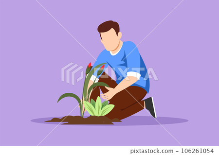 Cartoon flat style drawing of active young man plants, protects tree seedling or plant. Startup new beginning concept. Agricultural worker with organic natural crop. Graphic design vector illustration 106261054