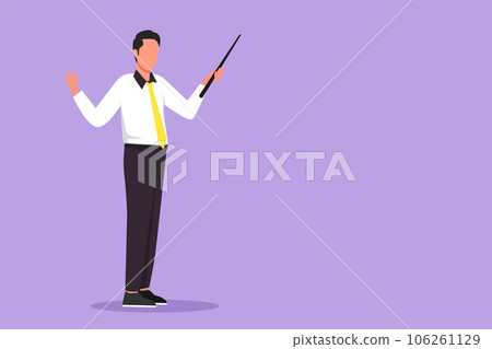 Graphic flat design drawing successful businessman teacher wearing tidy shirt, standing, pointing with wooden pointer stick. Educational concept, courses, trainings. Cartoon style vector illustration Graphic flat design drawing successful businessman teacher wearing tidy shirt, standing, pointing with wooden pointer stick. Educational concept, courses, trainings. Cartoon style vector illustration 106261129