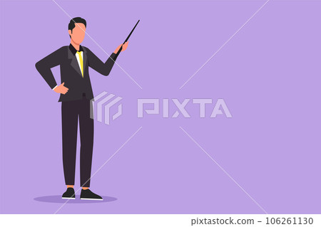 Graphic flat design drawing of confident male teacher, mentor, trainer, businessman, manager, employee, indicating pointing with stick in hand in front of classroom. Cartoon style vector illustration Graphic flat design drawing of confident male teacher, mentor, trainer, businessman, manager, employee, indicating pointing with stick in hand in front of classroom. Cartoon style vector illustration 106261130