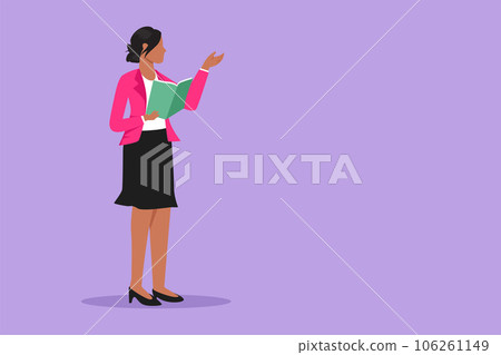 Cartoon flat style drawing woman teacher standing in front of classroom teaching student at school with book in her hand. Professor at university is giving lecture. Graphic design vector illustration 106261149