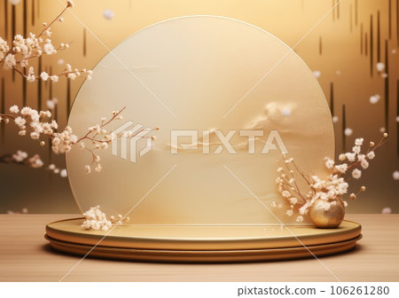 Gold product background stand or podium pedestal on luxury advertising display with japanes backdrops. AI Generative. 106261280