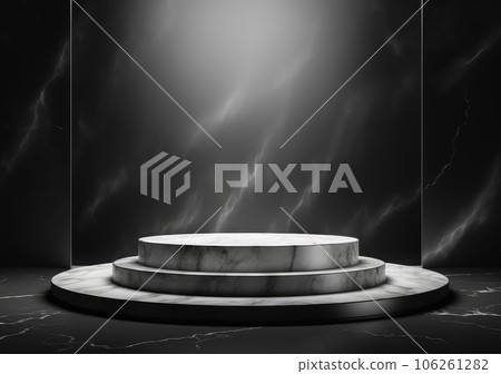 Dark podium, showcase for advertising products and goods. Display with natural stones and green tropical branches. Background for natural cosmetics and branding. AI Generative. 106261282