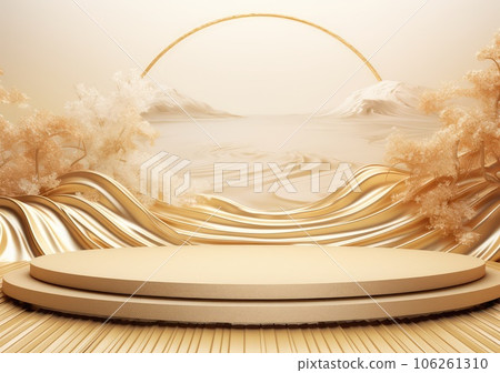 Gold product background stand or podium pedestal on luxury advertising display with japanes backdrops. AI Generative. 106261310