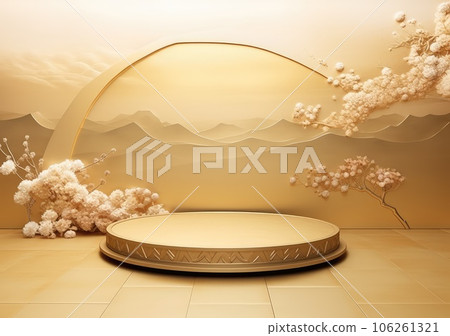 Gold product background stand or podium pedestal on luxury advertising display with japanes backdrops. AI Generative. Gold product background stand or podium pedestal on luxury advertising display with japanes backdrops. AI Generative. 106261321