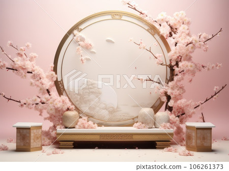 3D background, pink podium display. Sakura pink flower falling. Cosmetic or beauty product promotion step floral, pastel pedestal. Abstract minimal advertise. AI Generative 3D background, pink podium display. Sakura pink flower falling. Cosmetic or beauty product promotion step floral, pastel pedestal. Abstract minimal advertise. AI Generative 106261373
