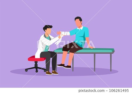 Graphic flat design drawing doctor bandages patient man hand. First aid emergency hands doing dressing bandage in Traumatology clinic. Medical treatment in hospital. Cartoon style vector illustration Graphic flat design drawing doctor bandages patient man hand. First aid emergency hands doing dressing bandage in Traumatology clinic. Medical treatment in hospital. Cartoon style vector illustration 106261495