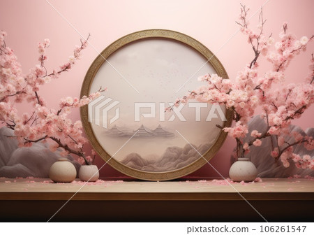 Minimal mockup background for product presentation. Pink podium and cherry blossom flower on pink background. AI Generative 106261547