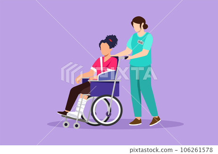 Character flat drawing disabled woman patient in wheelchair and doctor. Female transporting person walk in hospital. Medicine service. Rehabilitation and healthcare. Cartoon design vector illustration Character flat drawing disabled woman patient in wheelchair and doctor. Female transporting person walk in hospital. Medicine service. Rehabilitation and healthcare. Cartoon design vector illustration 106261578