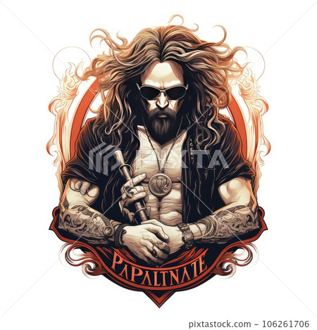 Rocknroll culture logo t shirt with guitars and skulls or goat gesture for punk and heavy metal community. AI Generative. Rocknroll culture logo t shirt with guitars and skulls or goat gesture for punk and heavy metal community. AI Generative. 106261706