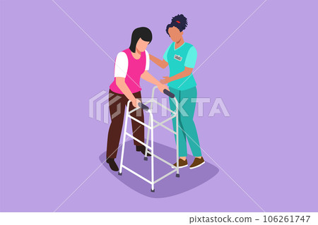 Character flat drawing of woman walking in medical rehabilitation, physical therapy. Female in recovery doing exercises. Girl therapist helping in rehab healthcare. Cartoon design vector illustration 106261747