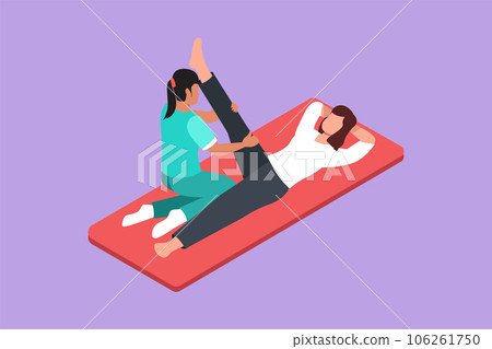 Character flat drawing of rehabilitation center or medical treatment. Massage therapy. Female physiotherapist giving leg massage to woman patient lying on the floor. Cartoon design vector illustration 106261750