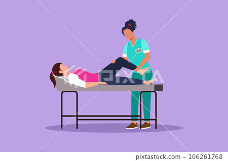 Cartoon flat style draw woman lying on massage table professional masseur therapist doing healing treatment massaging patient treating knee manual physical therapy. Graphic design vector illustration 106261768