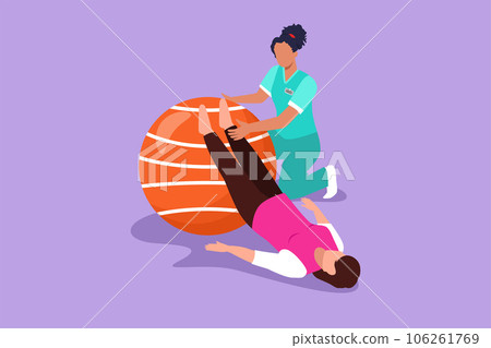 Cartoon flat style drawing physiotherapy rehabilitation isometric composition with pretty female lying on mat, leg on rubber ball with medical assistant. Healthcare. Graphic design vector illustration 106261769