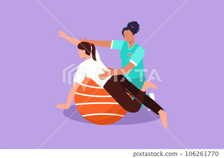 Cartoon flat style drawing physiotherapy rehabilitation isometric composition with female patient lying on rubber ball with medical assistant. Healthcare hospital. Graphic design vector illustration 106261770