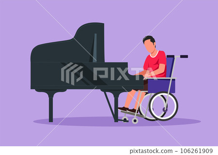Graphic flat design drawing disabled man in wheelchair playing piano in concert. Disability and classical music. Physically disabled. Rehabilitation center patient. Cartoon style vector illustration 106261909
