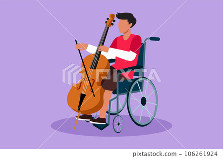 Graphic flat design drawing young handsome man sitting in wheelchair plays cello in concert. Disability and classical music. Physically disabled. Person in hospital. Cartoon style vector illustration 106261924