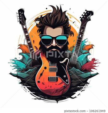 Rocknroll culture logo t shirt with guitars and skulls or goat gesture for punk and heavy metal community. AI Generative. Rocknroll culture logo t shirt with guitars and skulls or goat gesture for punk and heavy metal community. AI Generative. 106261949