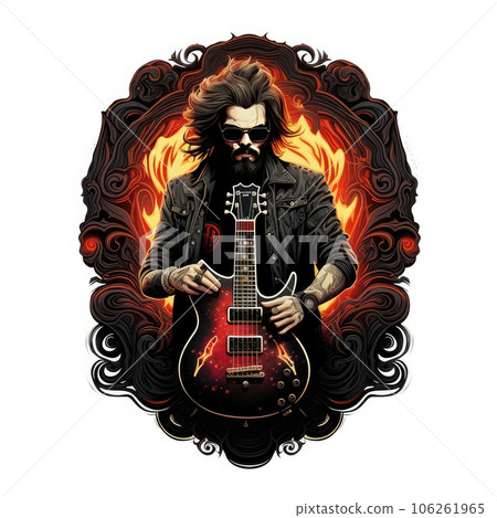 Rocknroll culture logo t shirt with guitars and skulls or goat gesture for punk and heavy metal community. AI Generative. Rocknroll culture logo t shirt with guitars and skulls or goat gesture for punk and heavy metal community. AI Generative. 106261965