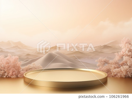 Abstract minimal scene with geometric forms. gold cylinder podium in pink background with pink sakura flower. product presentation, mockup, show product, podium, stage pedestal or platform. AI 106261966