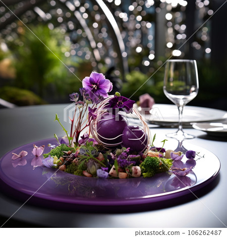 Molecular Gastronomy Dish. Elegant Plate of Food with Purple and Green Vegetables - AI Generated 106262487