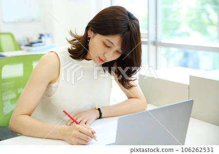 Manuscript document check female employee image 106262531