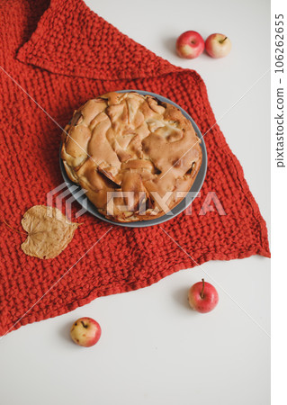 Homemade Apple Pie on white table background, top view. Classic autumn Thanksgiving dessert - organic apple pie. 106262655