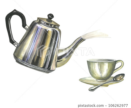 Watercolor illustration composition of metal teapot with steam porcelain empty cup with saucer, spoon isolated on transparent background, hand drawn Watercolor illustration composition of metal teapot with steam porcelain empty cup with saucer, spoon isolated on transparent background, hand drawn 106262977