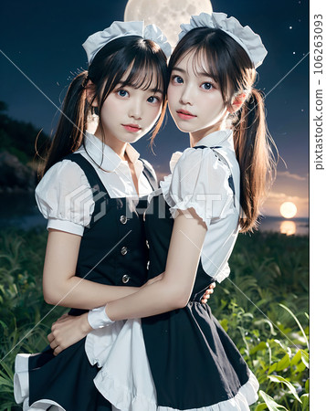AI image Full moon and two young women in maid outfits 106263093