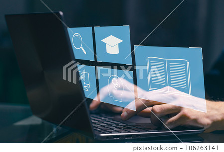 E-learning and Online Education concept. Male student learning lesson process holding hands on laptop keyboard. Web internet technology online webinar. 106263141