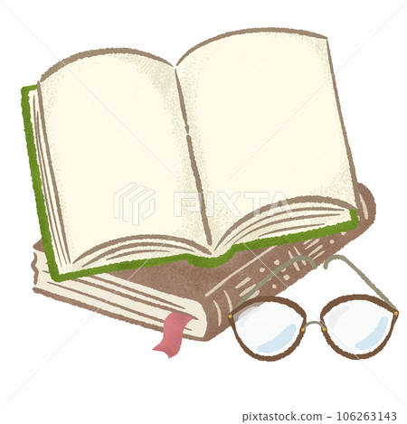 Vintage color open book and Boston type glasses (autumn reading), hand-drawn illustrations of textured colored pencils and crayons 106263143