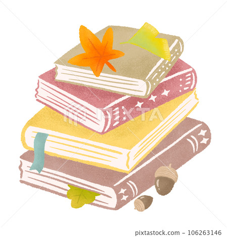 Hand-drawn illustrations of stacked books, autumn leaves, ginkgo (autumn for reading), textured colored pencils and crayons 106263146