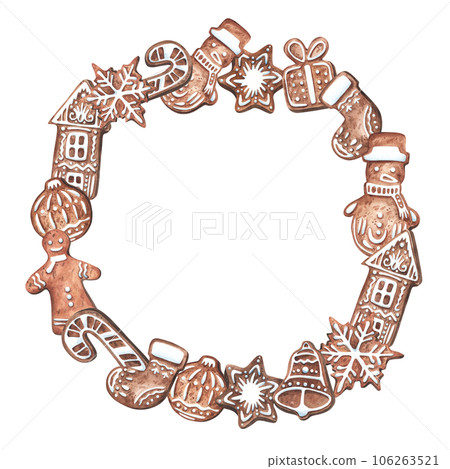 Christmas round ginger cookie frame, watercolor illustration in hand drawn style. Perfect for cards, invitations, decoration, flyers 106263521