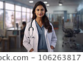 Female indian doctor portrait against medical clinic 106263817