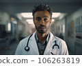 Male adult afroamerican doctor portrait against medical clinic 106263819
