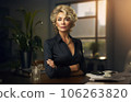 Aged business woman in black suit ceo in office arms crossed portrait. Created with AI 106263820