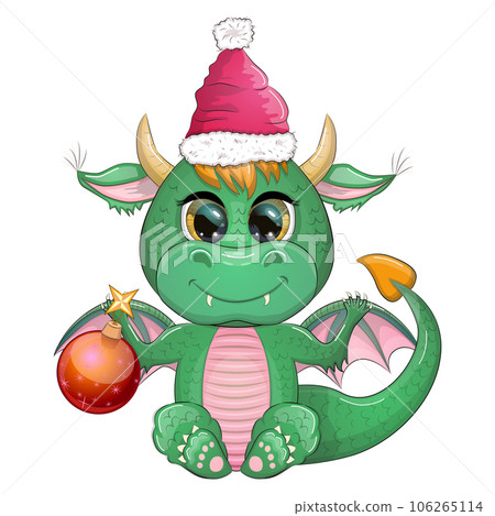 Cute cartoon green dragon in santa hat. 2024 new year, chinese calendar 106265114