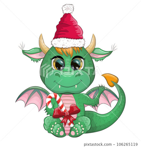 Cute cartoon green dragon in santa hat. 2024 new year, chinese calendar 106265119