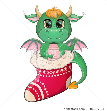 Cute cartoon green dragon in santa hat. 2024 new year, chinese calendar 106265131