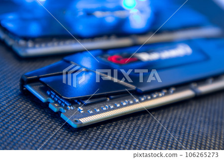DDR4 DRAM computer memory hardware macro in blue DDR4 DRAM computer memory hardware macro in blue 106265273