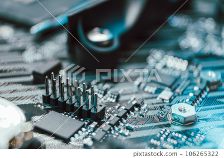 Motherboard hardware close-up on desktop PC Motherboard hardware close-up on desktop PC 106265322