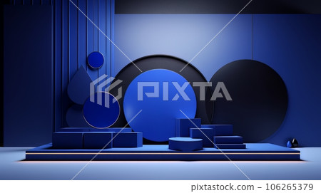 Abstract minimalistic dark blue scene with geometric shapes. 3D visualization AI 106265379