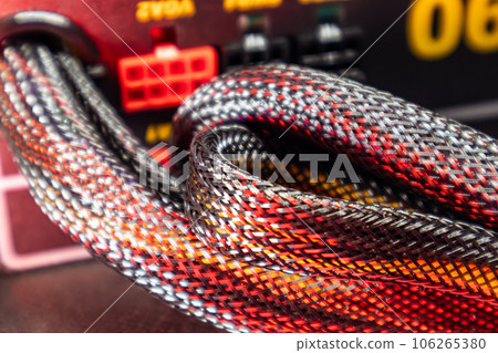 Wiring on power supply unit of desktop PC close-up Wiring on power supply unit of desktop PC close-up 106265380