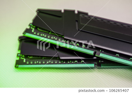 DDR4 DRAM memory modules close-up in green light 106265407