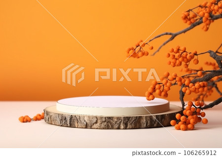 Wood podium saw cut of tree on orange background with autumn rowan berries. Concept scene stage showcase, product, promotion sale, presentation, beauty cosmetic. Wooden stand studio empty Wood podium saw cut of tree on orange background with autumn rowan berries. Concept scene stage showcase, product, promotion sale, presentation, beauty cosmetic. Wooden stand studio empty 106265912
