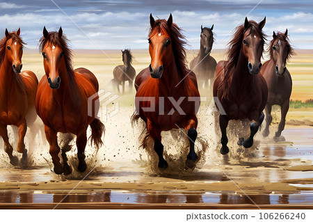 oil painting a group of brown horses can be seen running on a muddy land 106266240