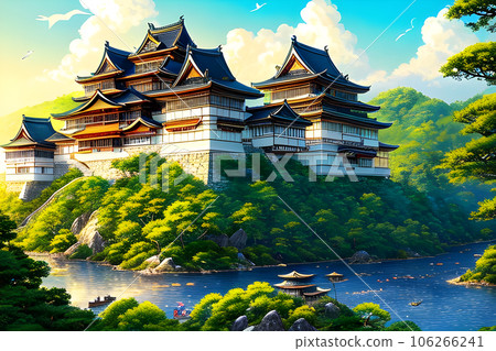 grand Japanese castle stands tall on a hill surround 106266241